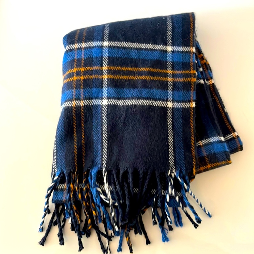 Plaid Scarf. EUC. Blue/White/Gold. 100% Acrylic OS